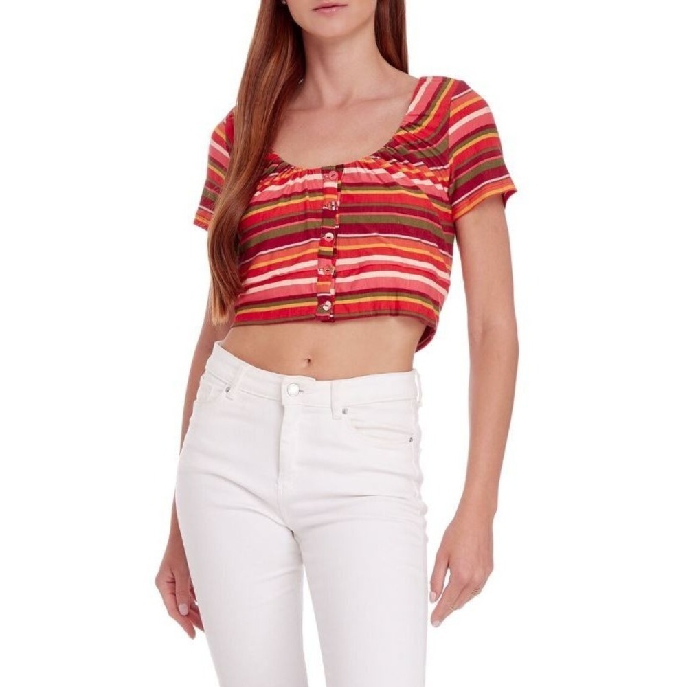 BCBGeneration‎ Women's Scoop Neck Short Sleeve Crop Top Variegated Stripe Medium